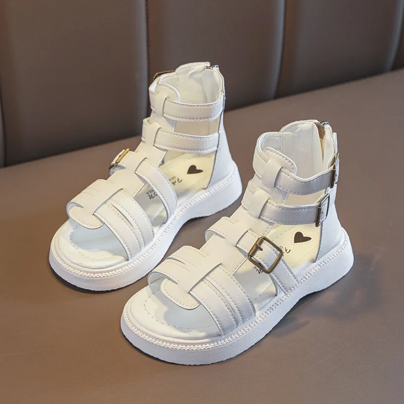 Estate moda ragazze sandali neri Open-toe sandali principessa romana gomma morbida fondo gancio e anello scarpe da spiaggia moda per bambini