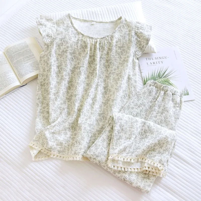 Women's Summer 100% Cotton Crepe Ditsy Floral Print Pullover Flutter Sleeve Top & Long Pants Tassel Trim Sleepwear Set.