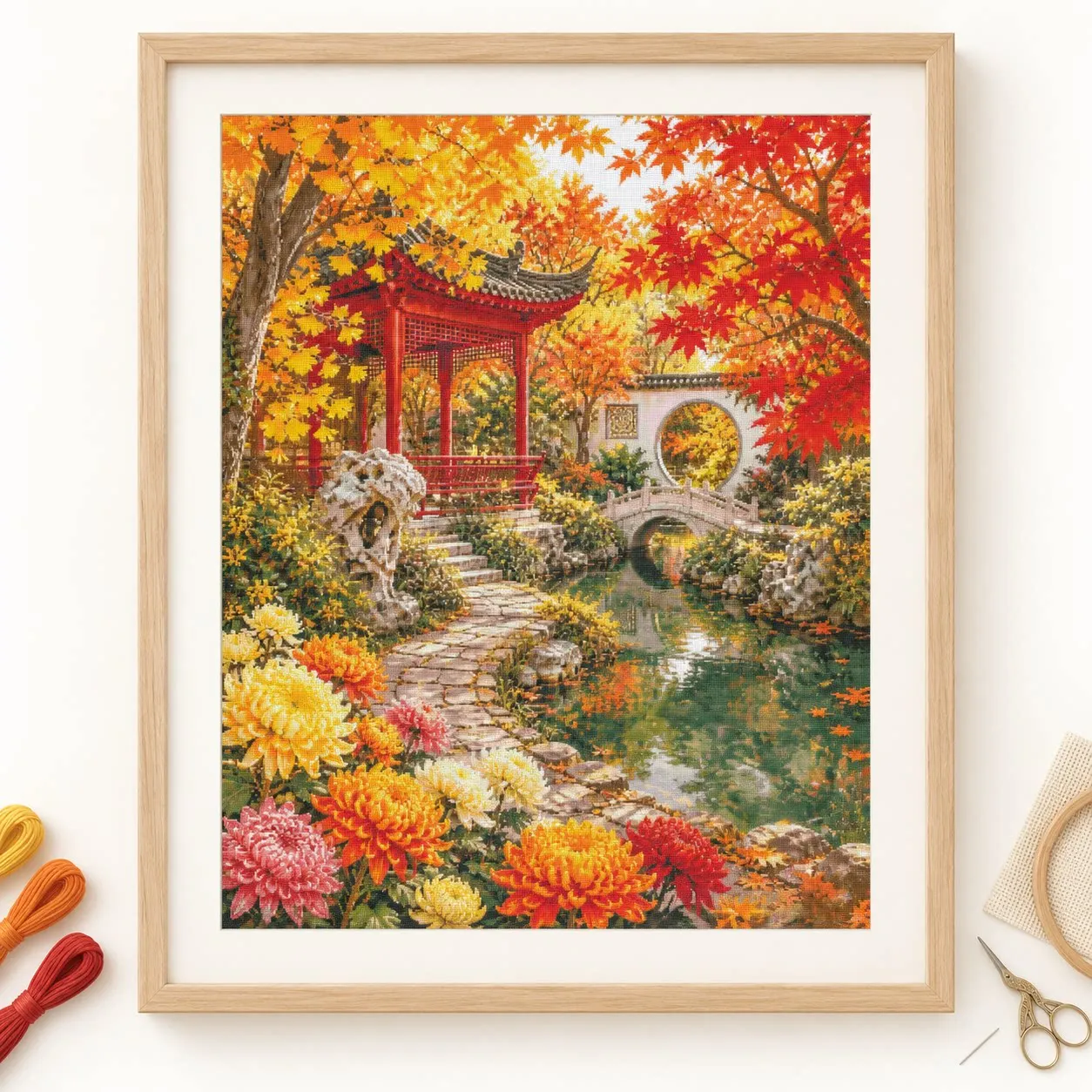 [ZZ9316-Maple Evening Pavilion of Chinese Garden]DIY Stamped Cross Stitch Kit for Adults 14CT 16CT Printed Canvas Embroidery