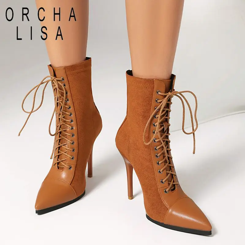 2025 nueva moda mujer botines puntiagudos Stiletto 11cm cremallera encaje hasta flocado gamuza citas fiesta Bota talla grande 41 40