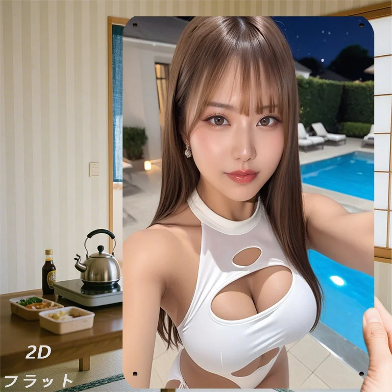High Definition Tin Painting Asian Woman in White Cutout Swimsuit Poolside Selfie Metal Sign Wall Art Decor
