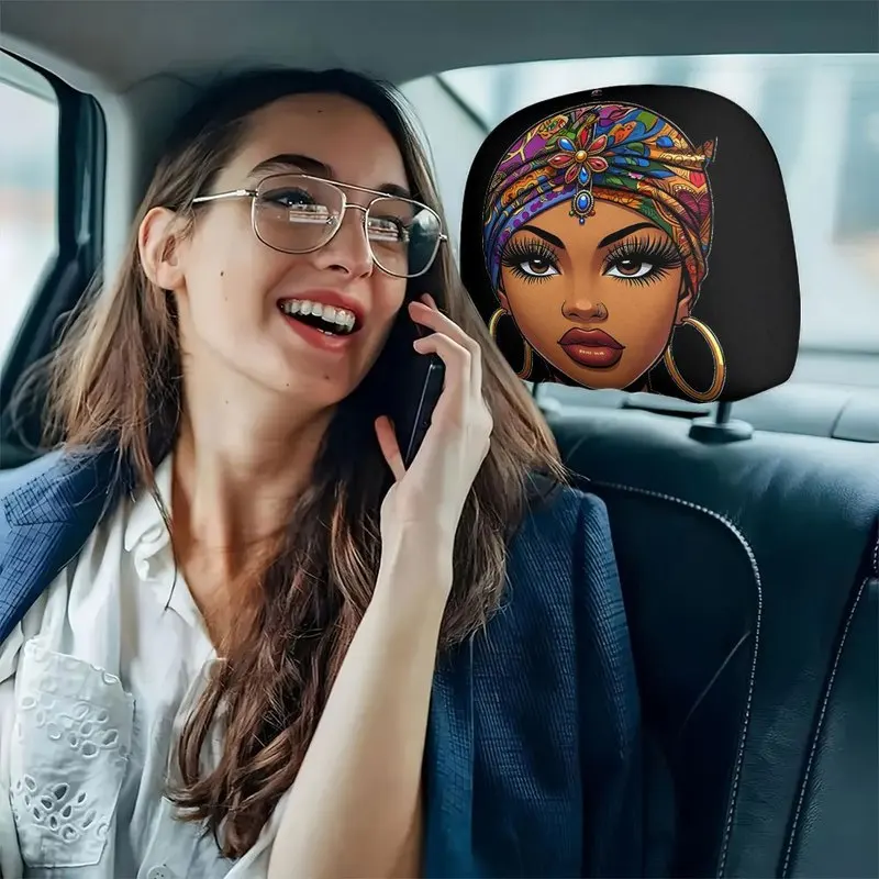 1/2Pcs Car Headrest Covers, Vibrant African American Woman With Turban And Hoop Earrings Print, POD - view 6