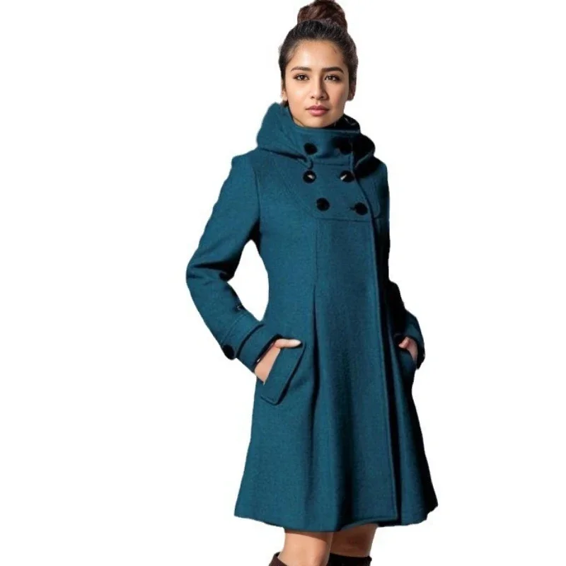

Women's Woolen Coat, Mid-length Hooded Woolen Overcoat Double-breasted Cape Fashionable and Individual Trench Coat for Women
