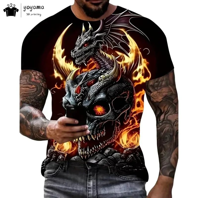 2026 Men's Short-Sleeve Dragon Pattern T-Shirt with Round Neck Design Fashionable Streetwear Style 3D Animal Print Loose Fit