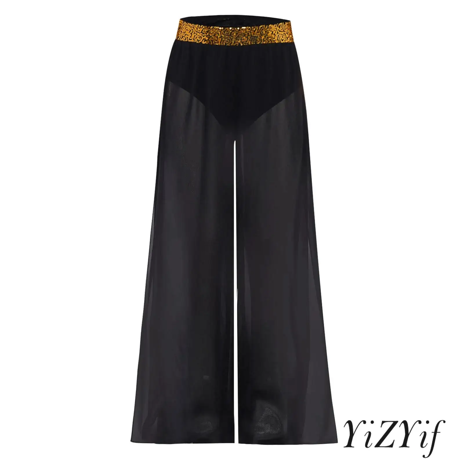 

Kids Girls Jazz Latin Dance Pants Shiny Sequins Waistband Flowing Chiffon Wide-Leg Side Slit Pants for Hip Hop Street Dance