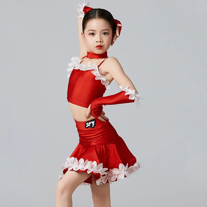 2025 verano niñas traje de baile latino rojo niño ropa de baile profesional niños Chacha Samba Rumba Salsa vestidos de baile XS7938