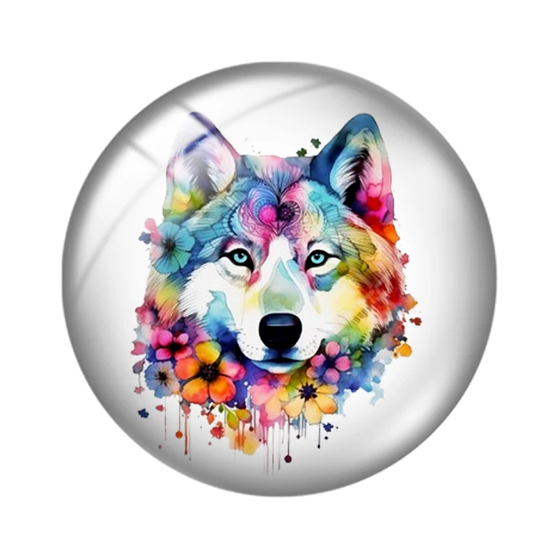 Wolf in flowers Watercolor  12mm/18mm/20mm/25mm Round photo glass cabochon demo flat back Making findings