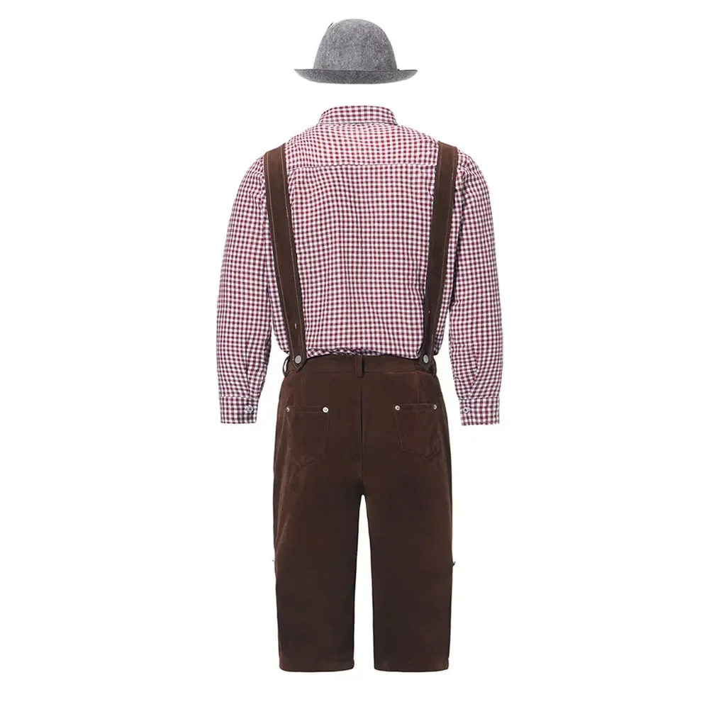 Herren Bayerisches Oktoberfest Lederhosen Kostüm Deutsches Bierfest Hosenträger Strampler Hemd Hut Set Halloween Cosplay Kostüme – Detail 18