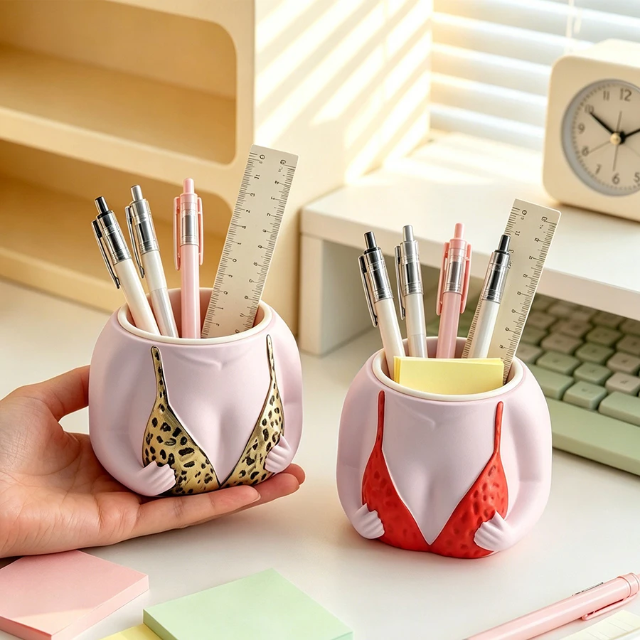 Novelty Funny 3D Sculptured Pen Holder Ceramic Desktop Stationery Organizer Creative Desk Decoration Storage Pot for Office Scho