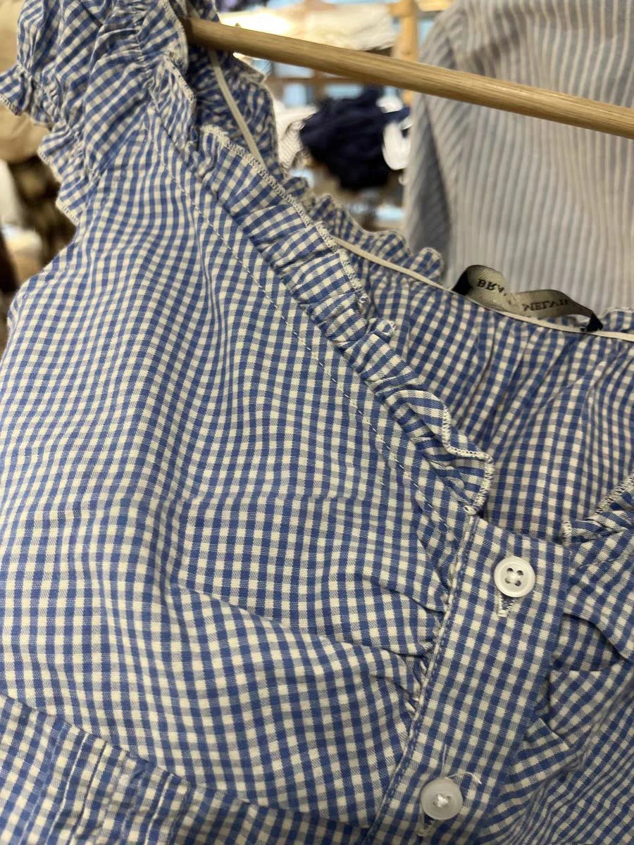 Blau Plaid Rüschen Dünnes T-shirt Bluse Frauen Sommer V-ausschnitt Falten Einreiher T-shirt Shorts Vintage Chic Süße Puff Sleeve Shirts