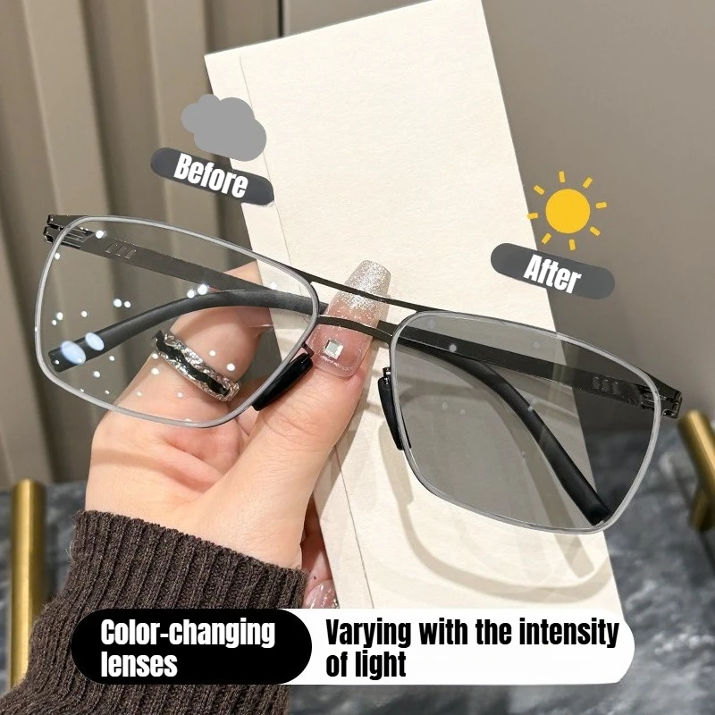 Photochrome Lesebrille für Unisex Business Metallrahmen Übergangs-Presbyopie-Brille Anti-Blaulicht-Brille +1,0 bis +4,0