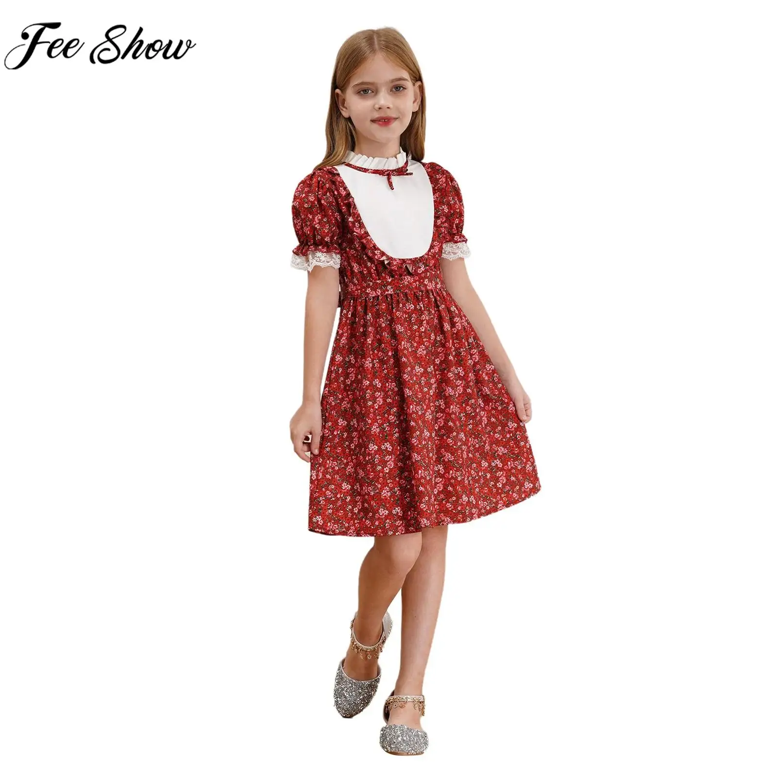 Kids Girls Summer Floral Print Dress Puff Sleeve Ruffled Trim Casual Midi Dresses with Belt for Daily School Party Picnic Beach