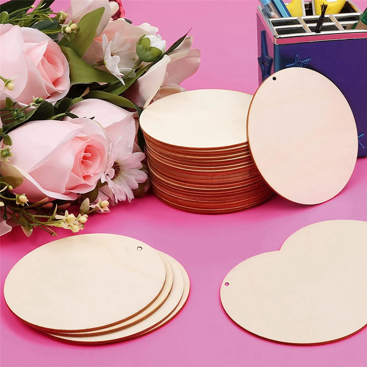 50 Pieces Wood Circles Unfinished Round Cutouts Pre-Drilled Tags Slices Blank Wooden Discs with Holes Pendants (4 Inch)T99C