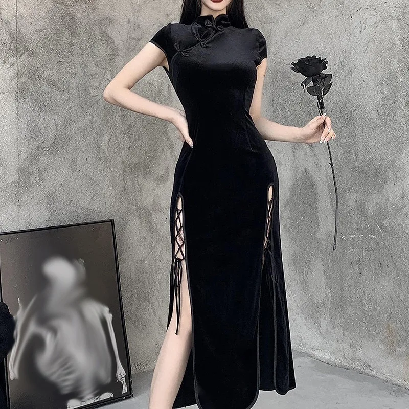 Chinese Retro Black Cheongsam Lady Elegant Evening Dresses Party Gothic Qipao Women High Split Bandage Sexy Oriental Long Dress