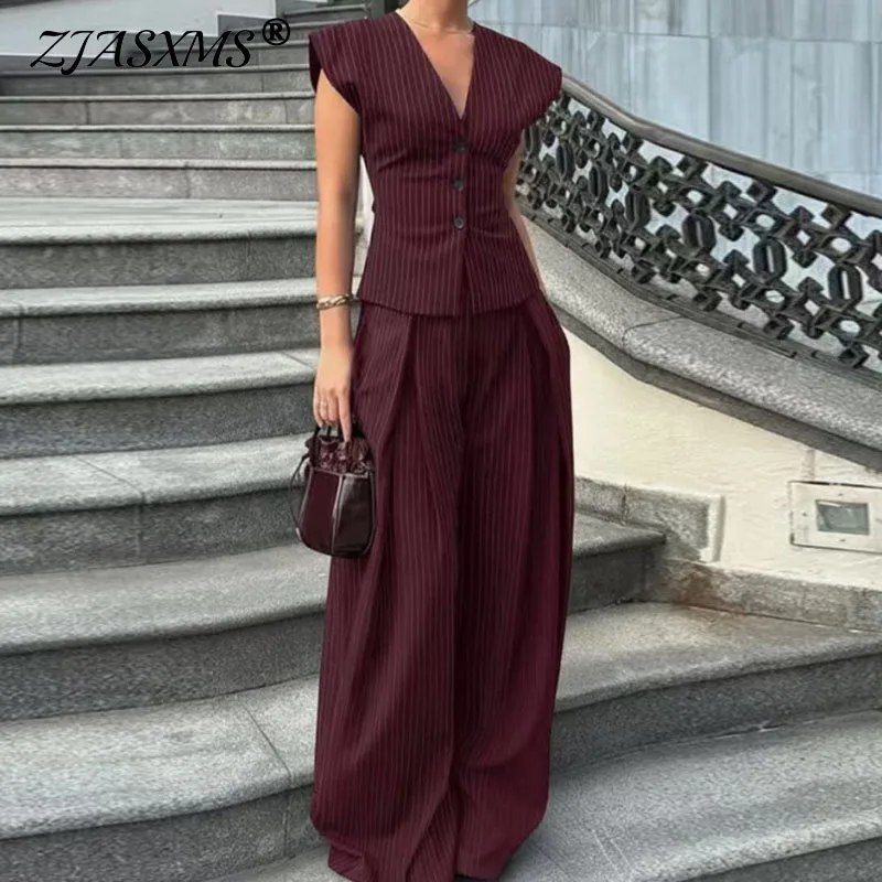 Vintage Streetwear Matching Two Piece Set Ladies Sleeveless V Neck Wide Leg Trousers Outfits Commute Vertical Stripe Button Suit
