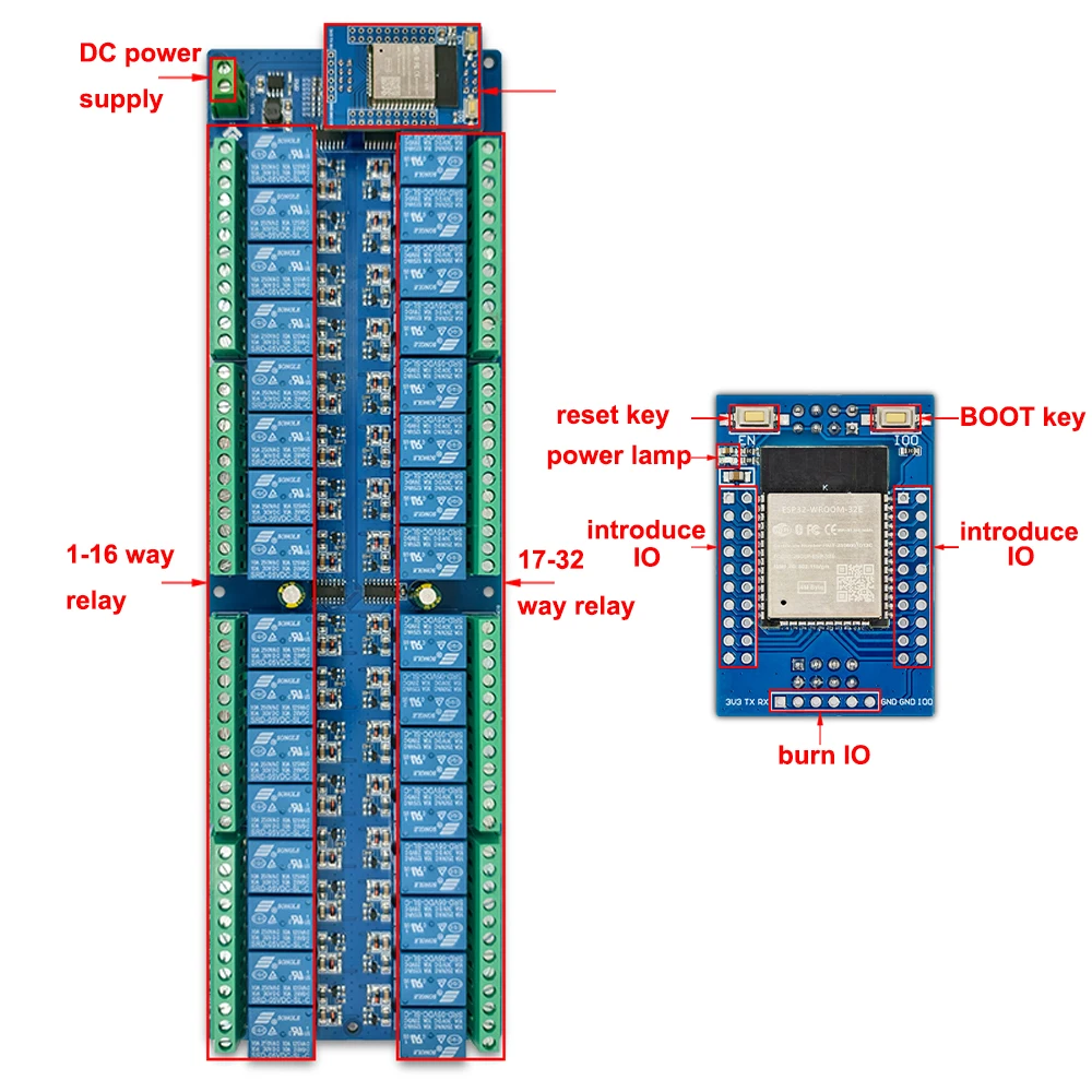 ESP32-WROOM Development Board Secondary Development Relay Module Smart Home Relay DC5V/DC12V/DC24V ESP32 32 Channel Relay Module