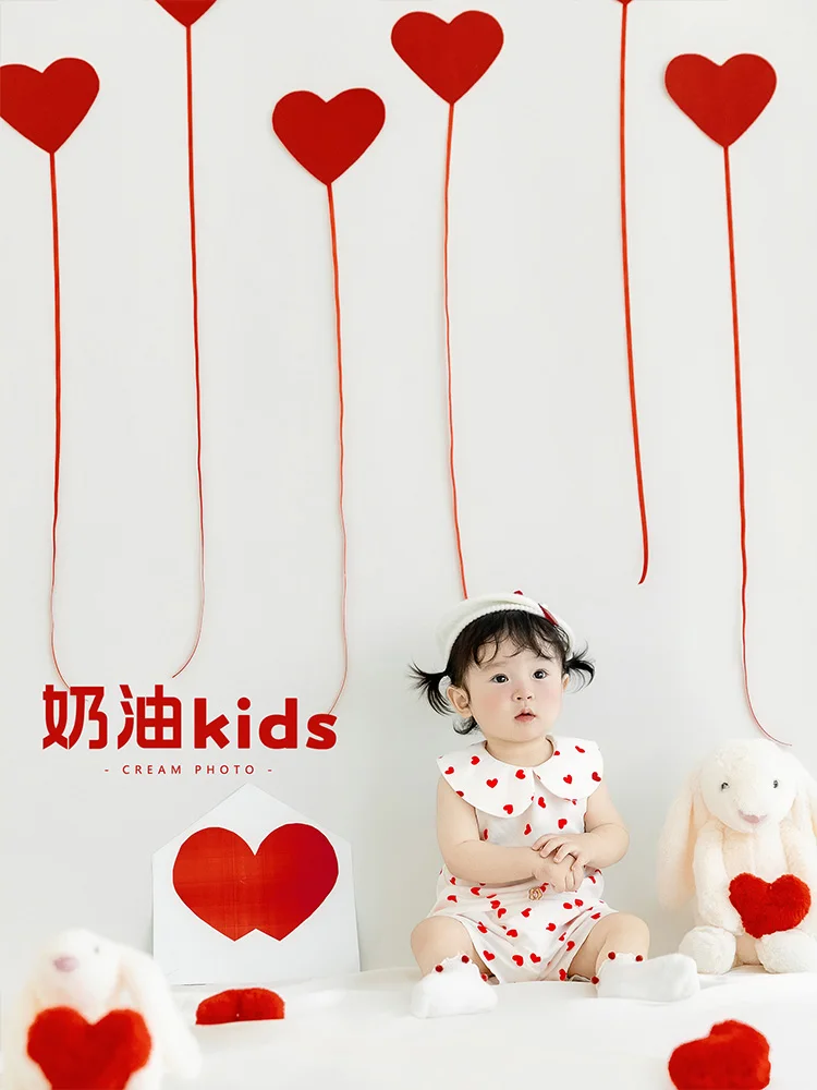 Baby Girl 1st Birthday Photography Props Set Heart Theme Baby Photo Costume Rabbit Doll for Studio Baby Memory Shoot Accessories