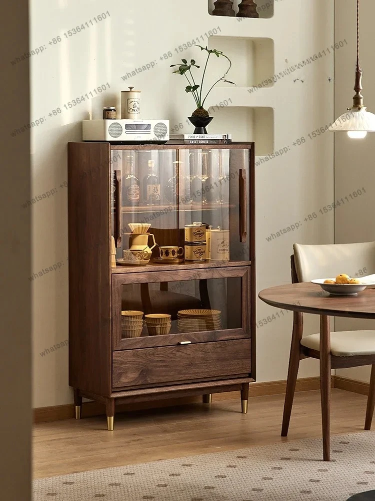 

yj5 North American black walnut glass wine cabinet Nordic simple solid wood vertical cabinet Home storage display locker