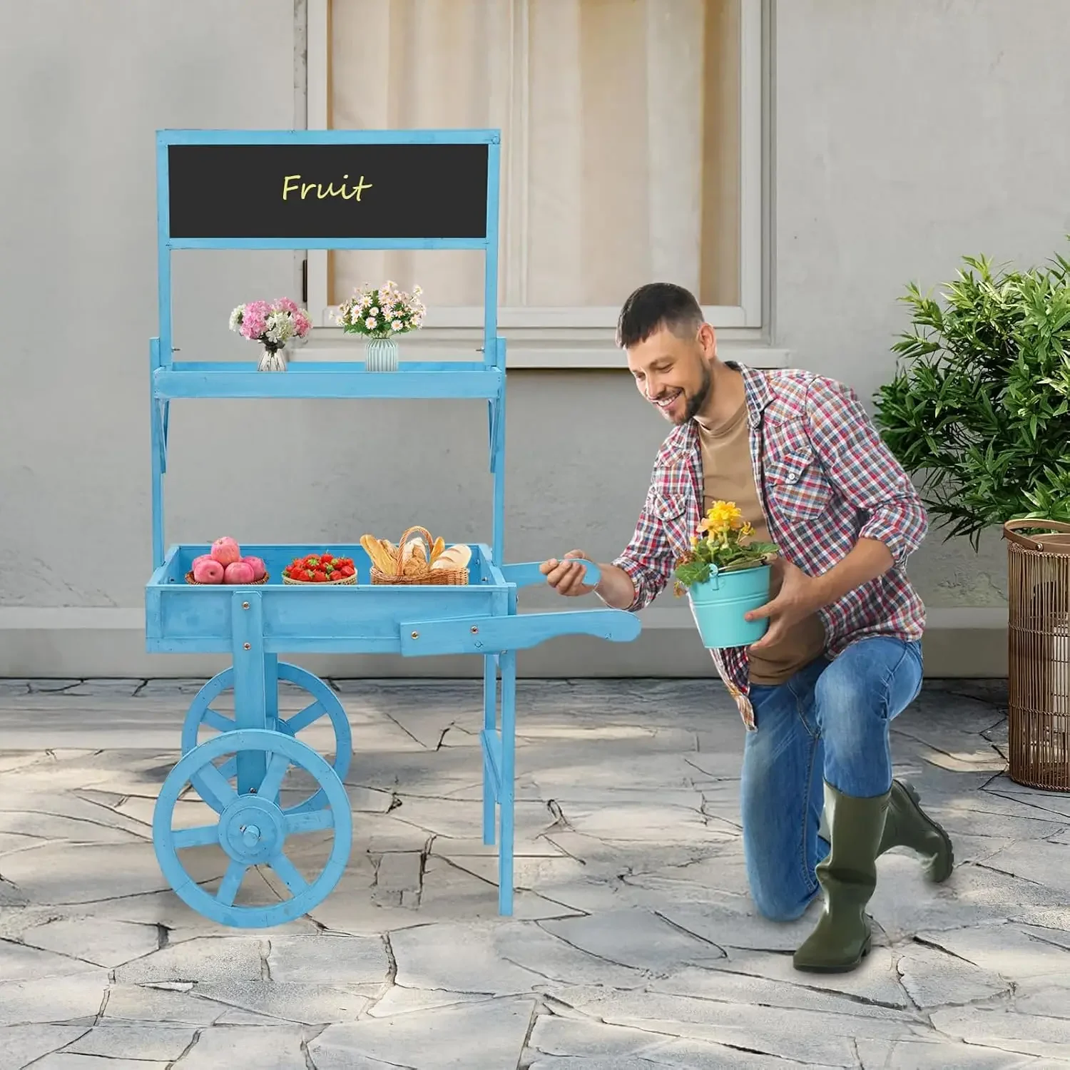 3 Tier Rolling Wood Cart with Wheels Retro Wagon Table for Flower Candy Party Favor Display Blue 2
