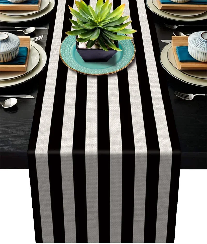 

New Geometric Linen Striped Table Runner Modern Minimalist Black and White Plaid Tablecloth Placemat Home Decoration Tea Flag