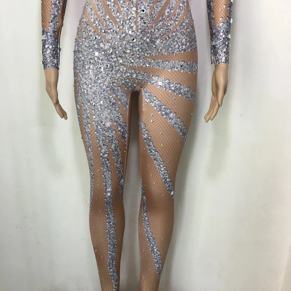 Mono de manga larga con diamantes de imitación brillantes para mujer, leotardo elástico para club nocturno, ropa de escenario, actuación de bailarina de DJ, traje de baile Rave