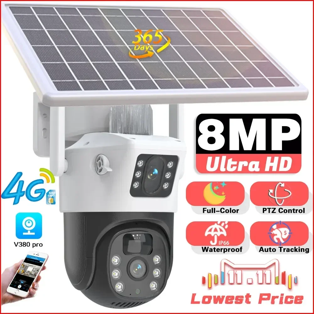 

8MP 4G Solar Camera Dual lens Smart PIR Human Auto Tracking 360 Outdoor 4K Wireless Security CCTV Surveillance IP Camera 4G Card