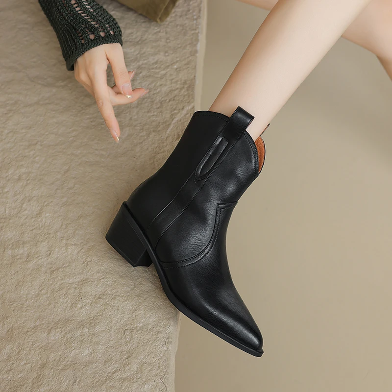 Vintage Women Genuine Leather Ankle Boots Thick Heels Pointed Toe Shoes Woman Retro Chelsea Short Boots Office Lady 2023 New