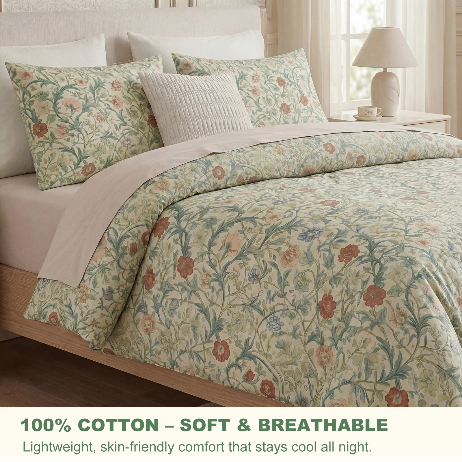 King Size Duvet Cover Set, 3 Pieces, 100% Cotton Twill Floral Botanical Bedding Set, Sage Green Vintage English Garden Duvet Cover with Zipper Closure & 8 Corner Ties