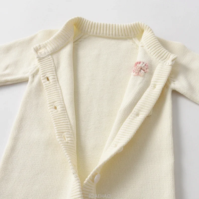 

2025 Children New Baby Girl Long Sleeve Kids Cotton Outfits Matching Autumn Winter Apricot Knit Romper Costumes White Pocket