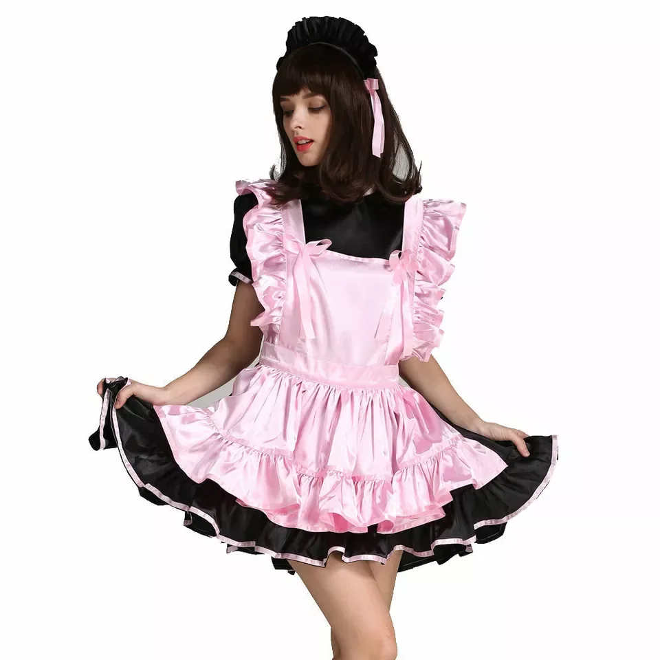 

Sexy Sissy French maid black satin paired with pink apron wave hem dress cosplay costume customizable