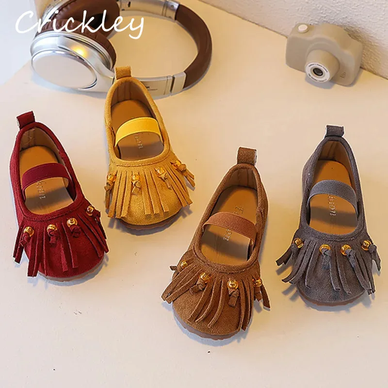 

New Tassels Solid Children Fashion Shoes PU Leather Shallow Girls Ballet Flats Elastic Band Anti Slip Toddler Kids Flats Shoes
