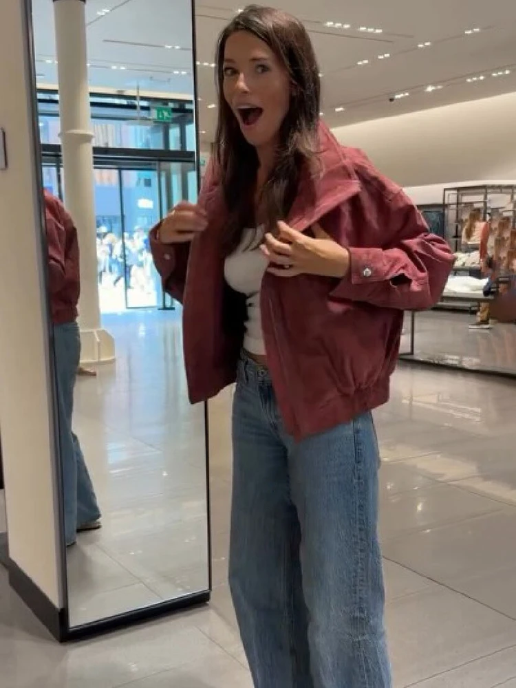 Vintage Kurze Stehkragen-Reißverschlussjacke für Damen, Langarm, Vordertaschen, Elastischer Saum, Lose Passform, Frühling/Herbst Streetwear Oberbekleidung – Detail 6