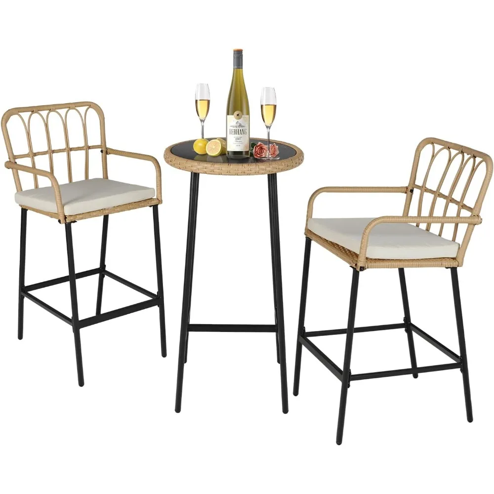 

3-Piece Patio Rattan Bar Set,Outdoor High Top Table and Chairs Set with Cushions&1 Tempered Glass Bar Table,Patio Bistro Dining