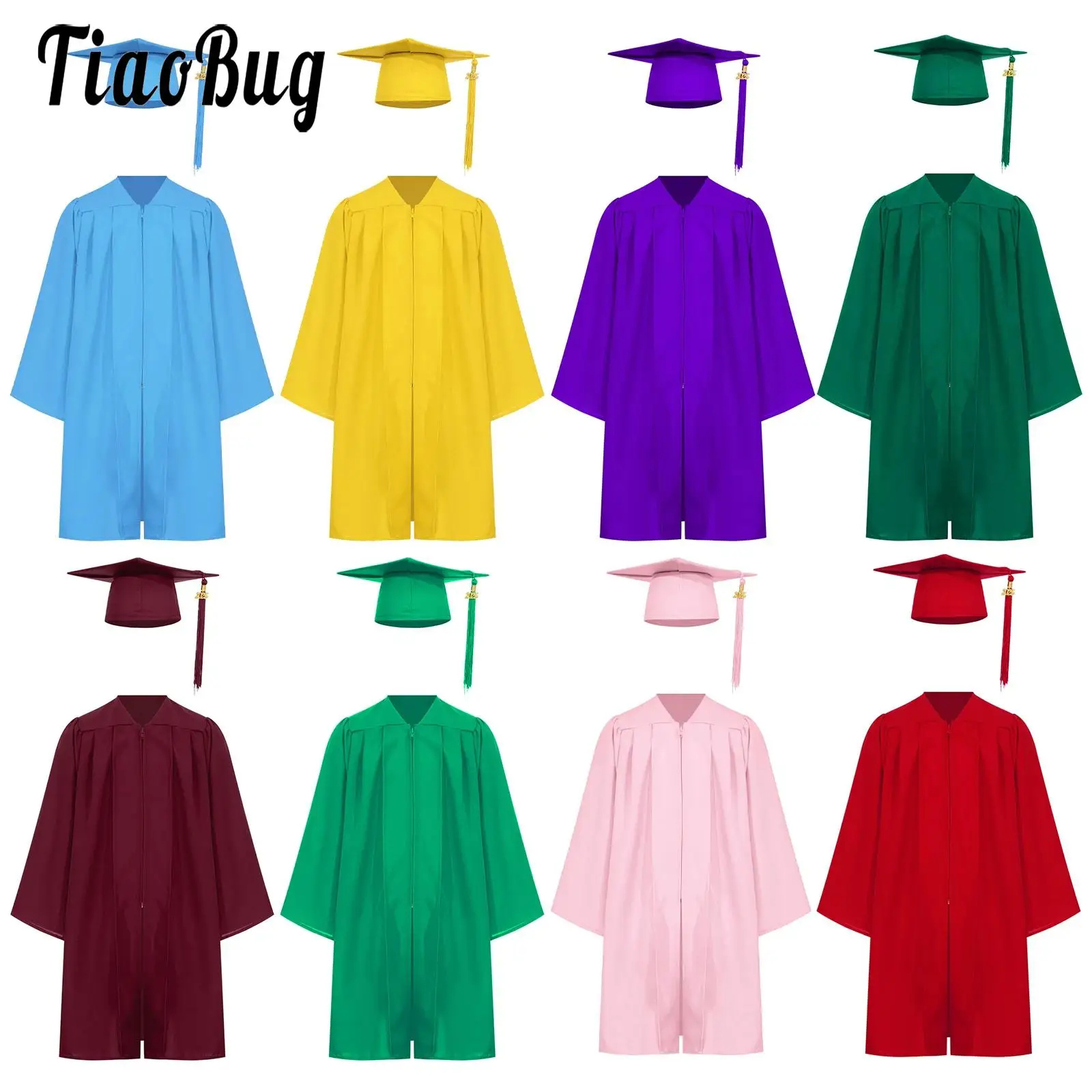 Unisex Boys Girls Graduation Gown with Tassel Hat Set Zipper Loose Gown Robe Cap Primary Middle School Students Graduation Sets