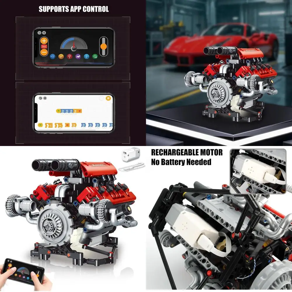 Kit modello motore V8 a 8 cilindri con motore, luci a LED e giocattolo educativo STEM controllato da app per tutte le età (660 pezzi)
