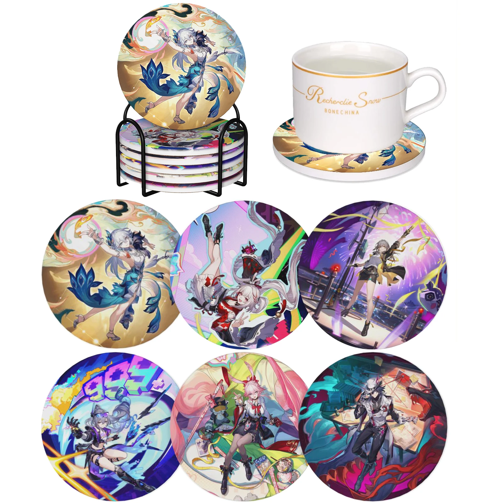 

Honkai Star Rail Yao Guang Absorbent Ceramic Coasters Set of 6 with Holder, Non-Slip Cup Mat Coffee Table Decor Gamer Gift