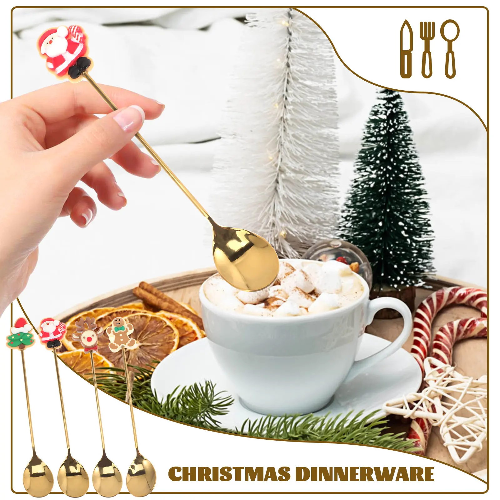 1Set Xmas Cutlery Kit Christmas Dessert Spoon Set Cartoon Design Ergonomic Handle Round Edge Party Tableware Supplies
