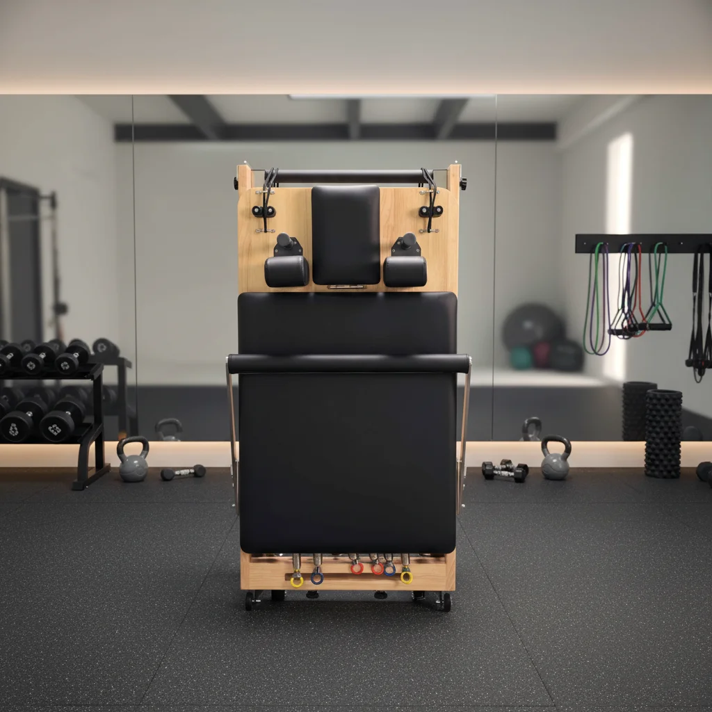 

Portable Adjustable Oak Pilates Reformer, Foldable for Studio
