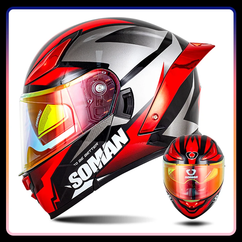 Men's Motorcycle Helmet Dual Lens Flip Up Helmets Vintage Retro Full Face Moto Helmet Double Lens Modular Helm DOT Approved