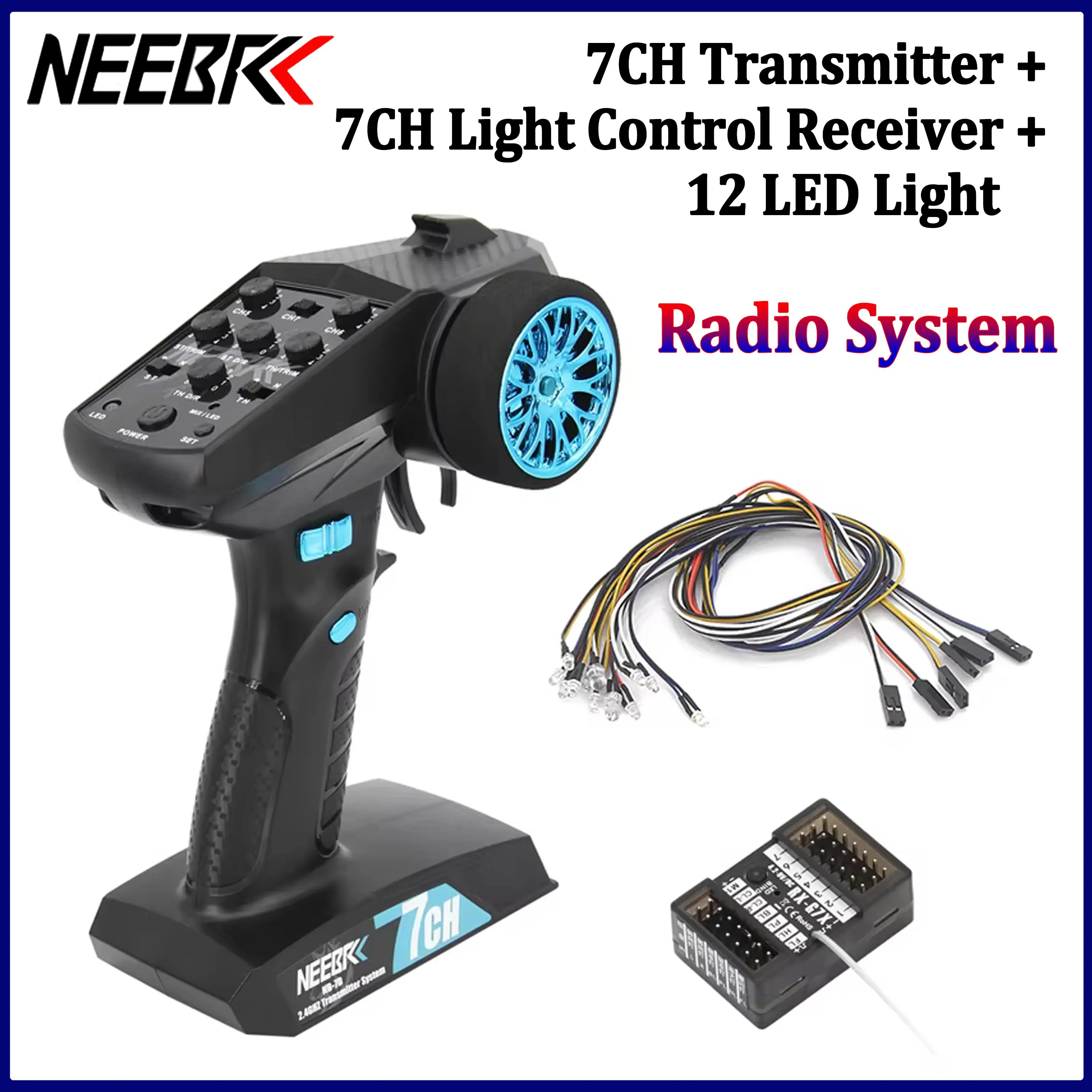 NEEBRC 7CH Transmitter 2.4G Radio System Remote Controller Waterproof Light Control Receiver 12 LED Lamp for RC Car Crawler MN