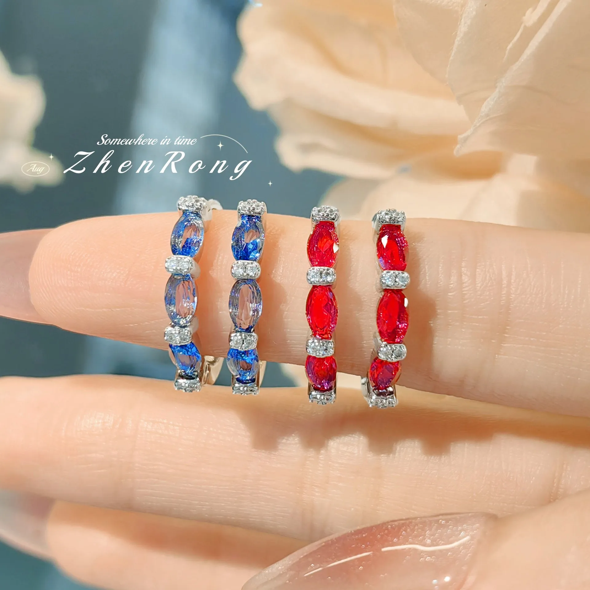 S925sterling silver stud earrings, colored diamond blue spinel earrings, fashion temperament, high sense, red corundum earrings.