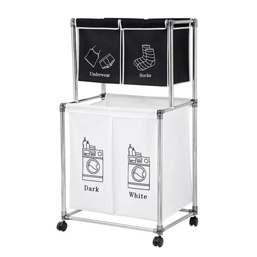 

Laundry Basket 2 Tier Clothes Sorter with 4 Removable Bags to Organize Clothes, With Four Wheels, Easy to Move, Laundry