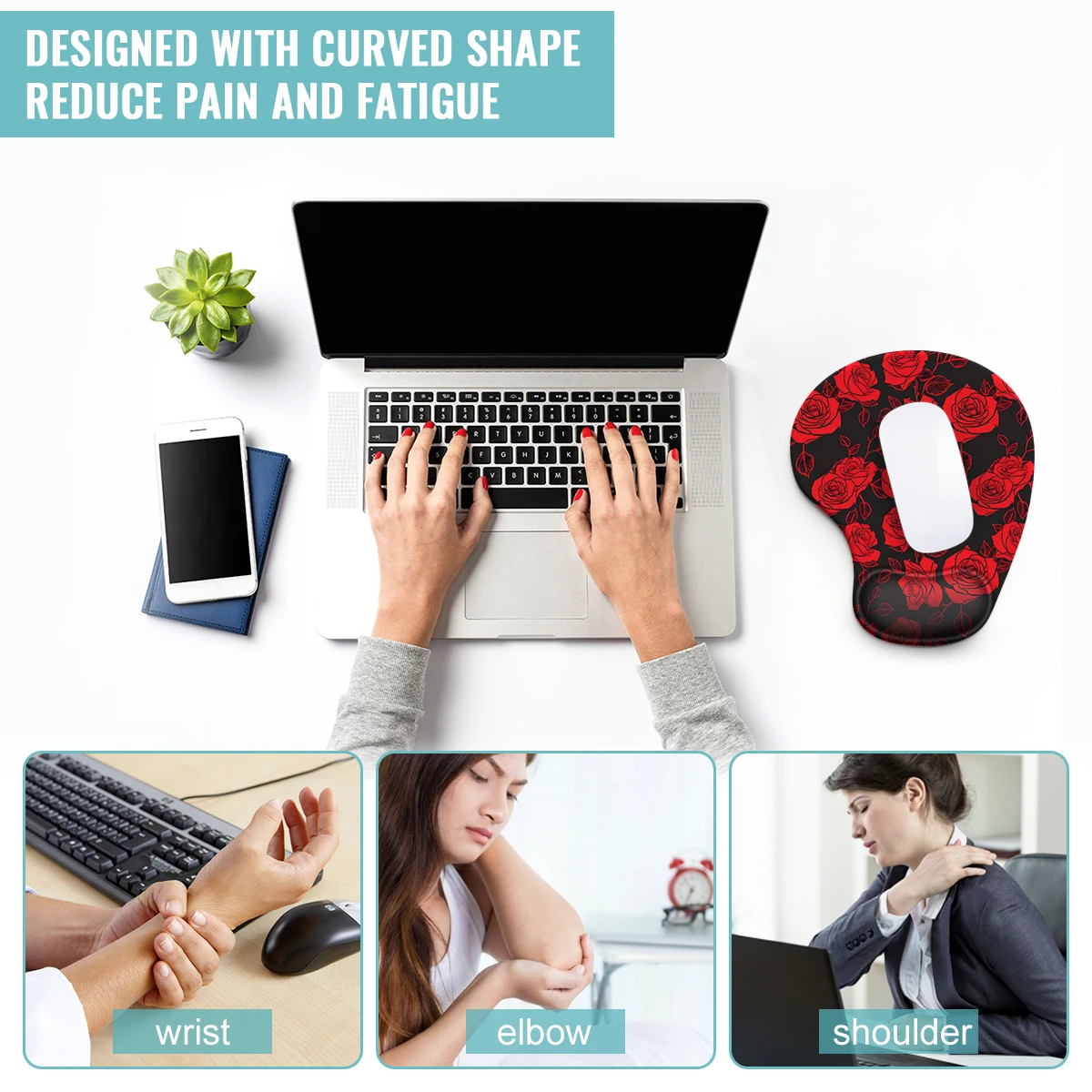 Red Blooming Rose Mouse Pad Wrist Ergonomic Soft Anti-Slip Wrist Rest Support Mat Computer Mouse Pad for Office  PC
