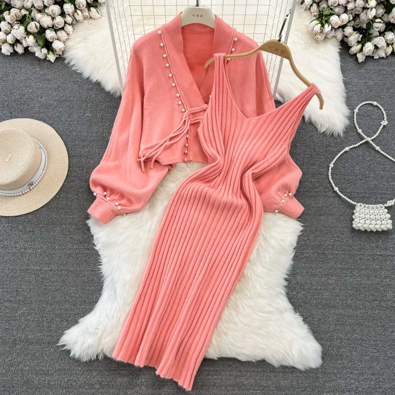 Neploe Vintage Chinese Style Bat Long Sleeve Tops Women+ Sexy Slim Waist Knitted Strap Dresses Y2k E-Girl Two Piece Sets