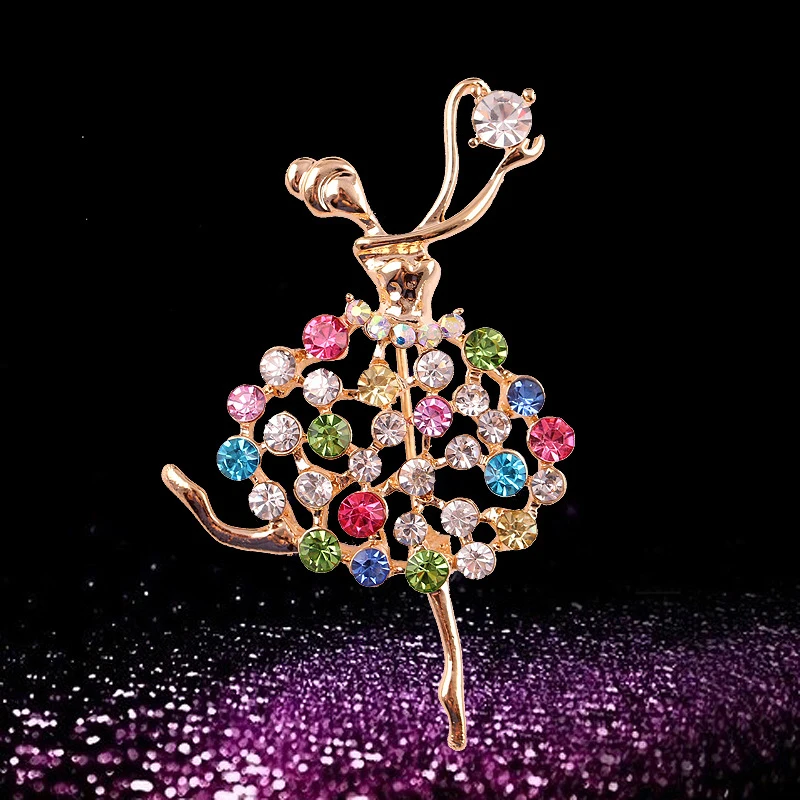 Korean fashion high-end handmade crystal color  dancing women brooch chest button female accessories can be H1083