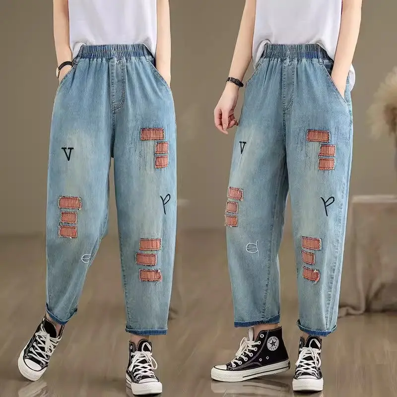 

2024 Summer Thin Denim Patch Embroidered Pants Loose And Slimming Elastic Waist Harem Casual dad Trousers For Women Jeans K1050