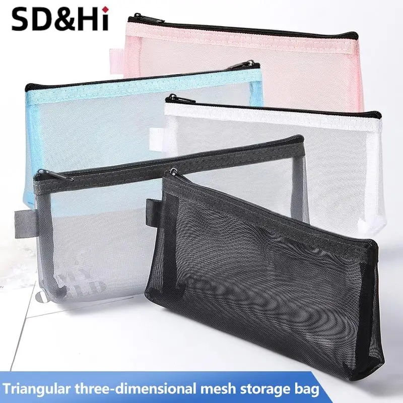 1Pc Simple Transparent Portable Mesh Pencil Case Pen Bag Office Student Pencil Cases School Supplies Pen Box Bill Storage Bag