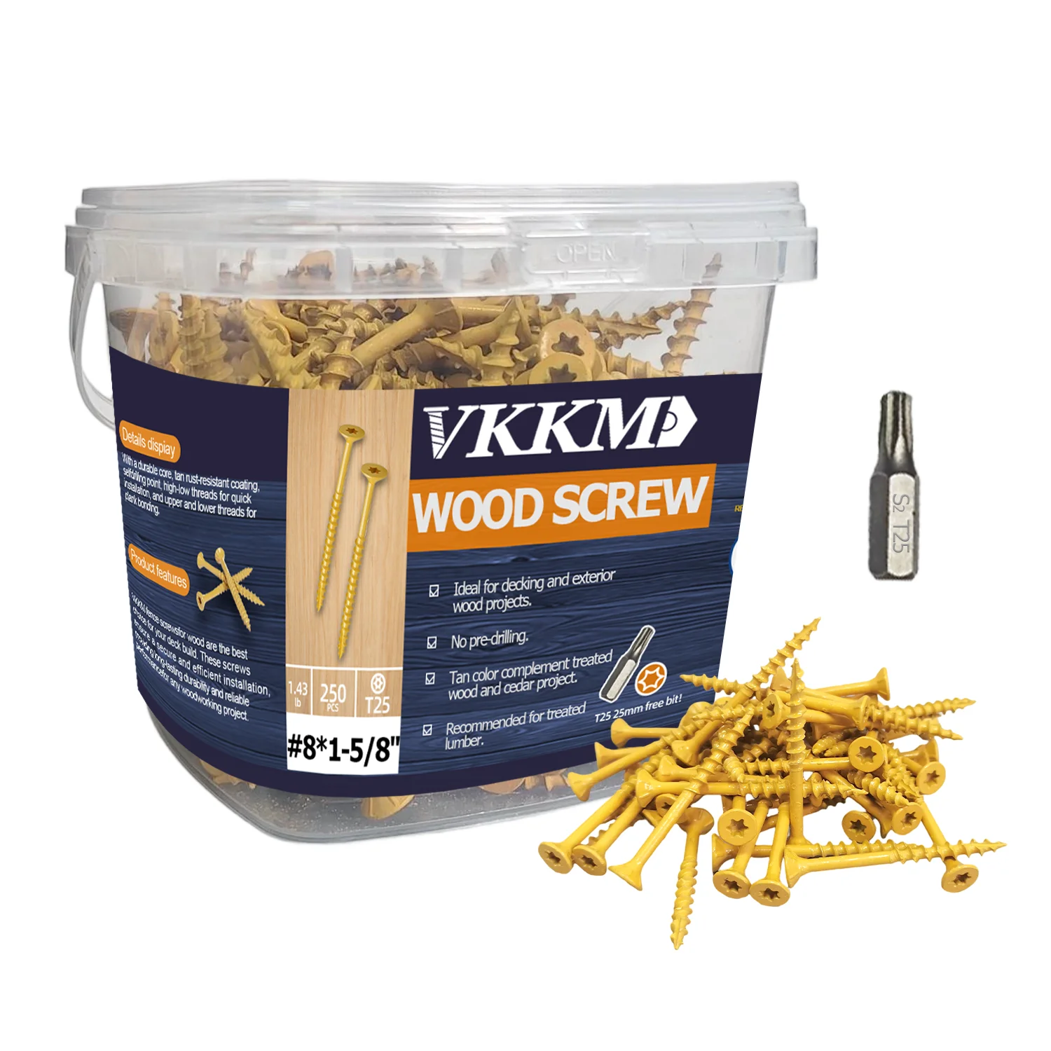 

VKKM Deck Screws 3/4 to 1-5/8 inch,Wood Screws #8 x 3/4" to 1-5/8",250 to 500PCS,Rust Resistant Coated,T25 Star Bit Included,Tan