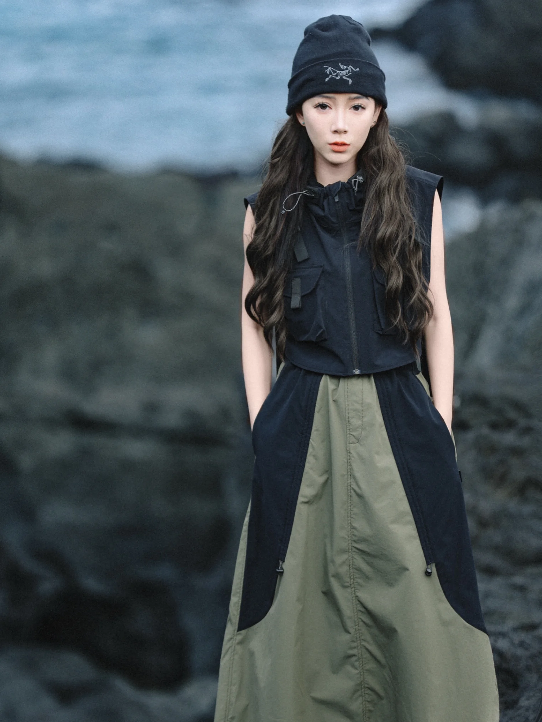 

Outdoor Tee-Proof Color Blo A-Line Midi Skirt DIY Slimming Skirt Commute Vintage mid Waist Nylon Spandex Skirt Q2507