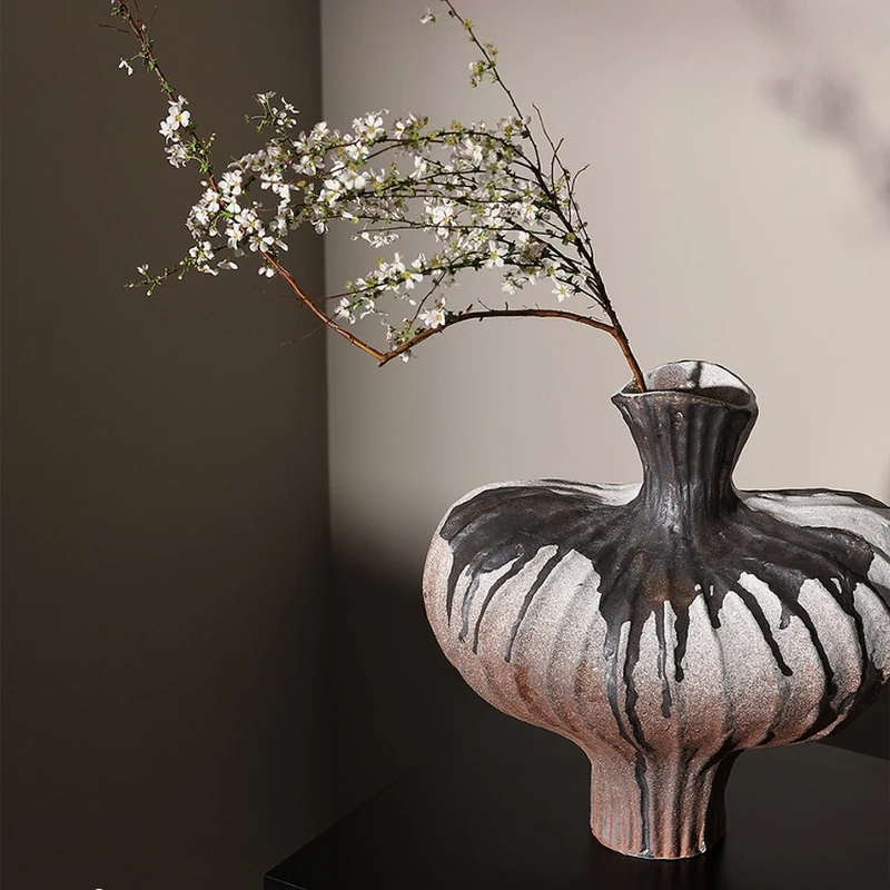 Wabi Sabi Vintage Ceramic Vase Entryway Dried Flower Holder Living Room Floral Decor Ornament Exquisite Tea Room Decorations